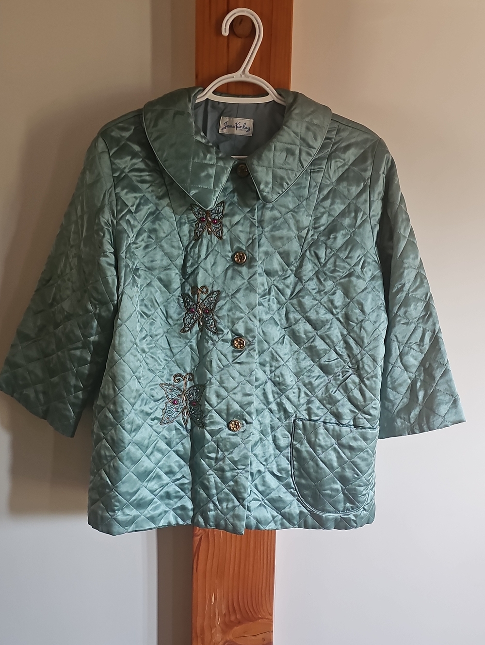 Women's Quilted Satin Puffer Jacket with Embroidered Butterflies - Sage Green